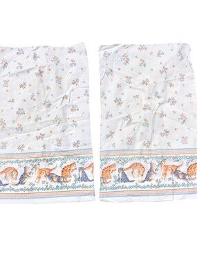 Vintage Stevens Cotton Pillowcases Floral & Cat Pattern White Multi-Color